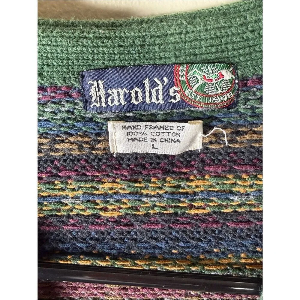 Vintage Harold’s  Sweater Vest Men’s L Multicolor Stripe Button Front Fair Isle